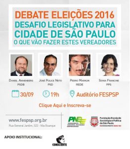 Voto Consciente São Paulo apoia o debate promovido pelo Pensamento Nacional das Bases Empresariais e a Fundação Escola de Sociologia Política de São Paulo entre candidatos a vereador.